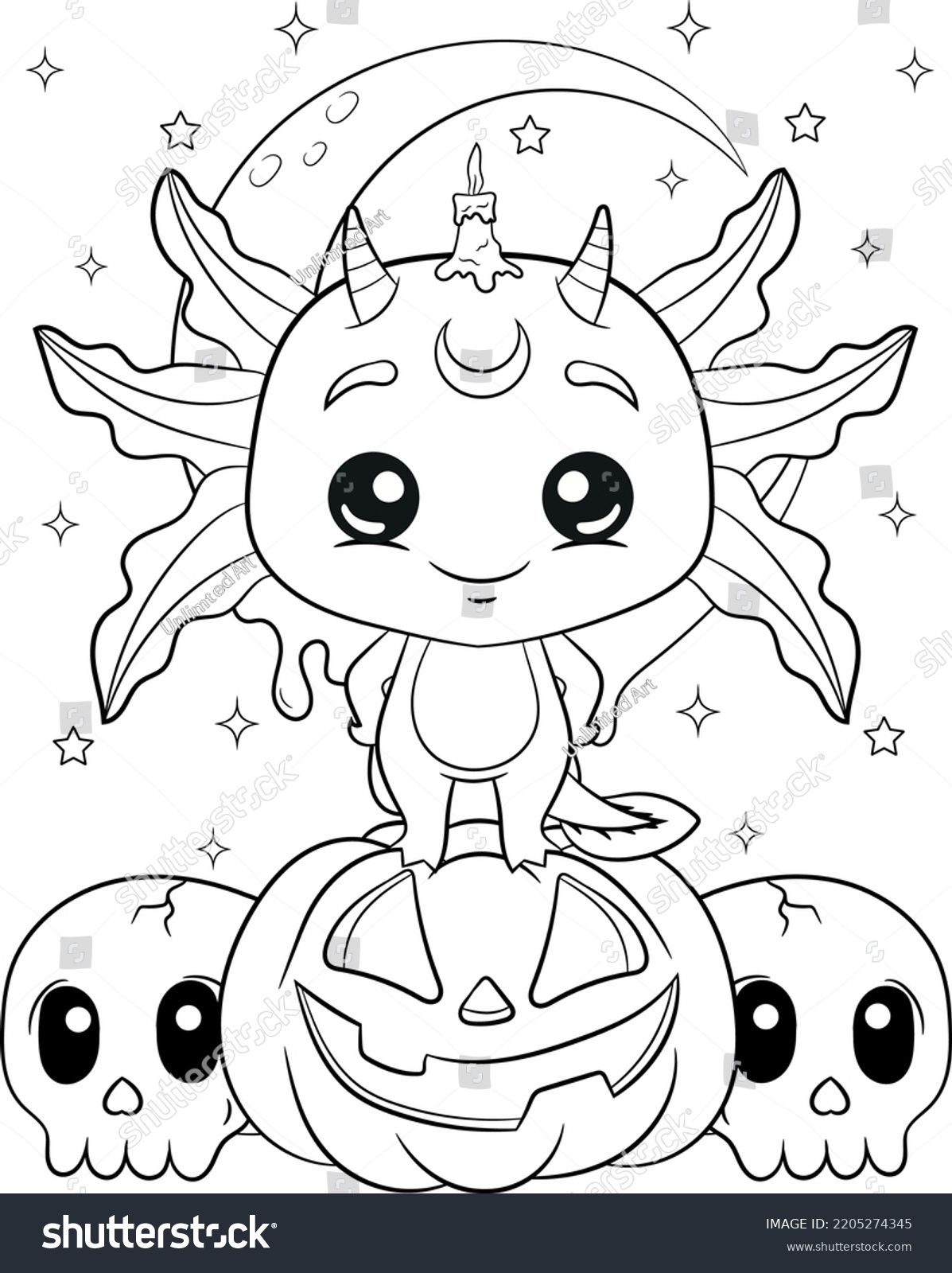 Cute creepy kawaii halloween axolotl coloring stock vector royalty free