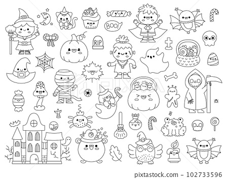 Vector black and white kawaii halloween clipart