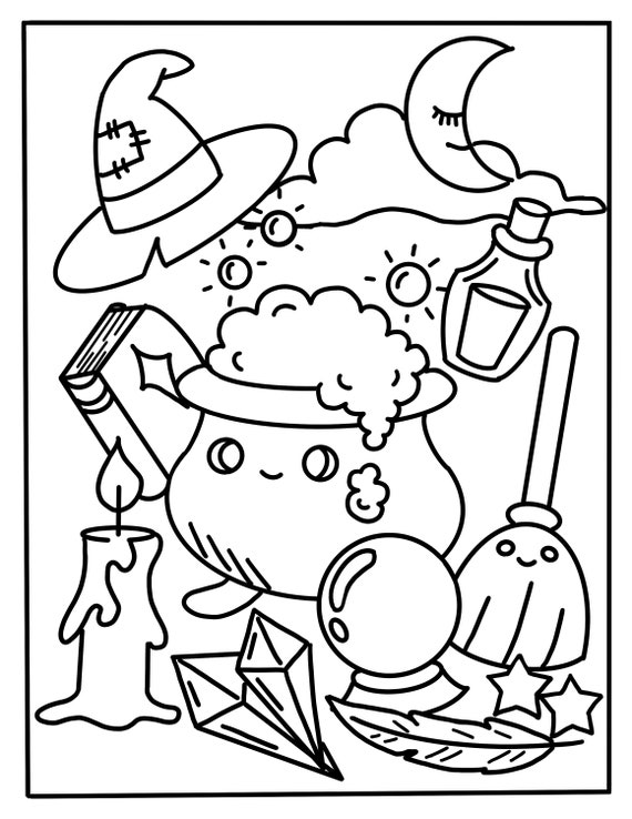 Halloween coloring pages for kids halloween party activity witch hat witch pot crystal broom candle spell book digital download instant download