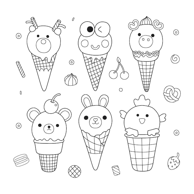 Premium vector cute animals ice cream and desserts coloring page illustration