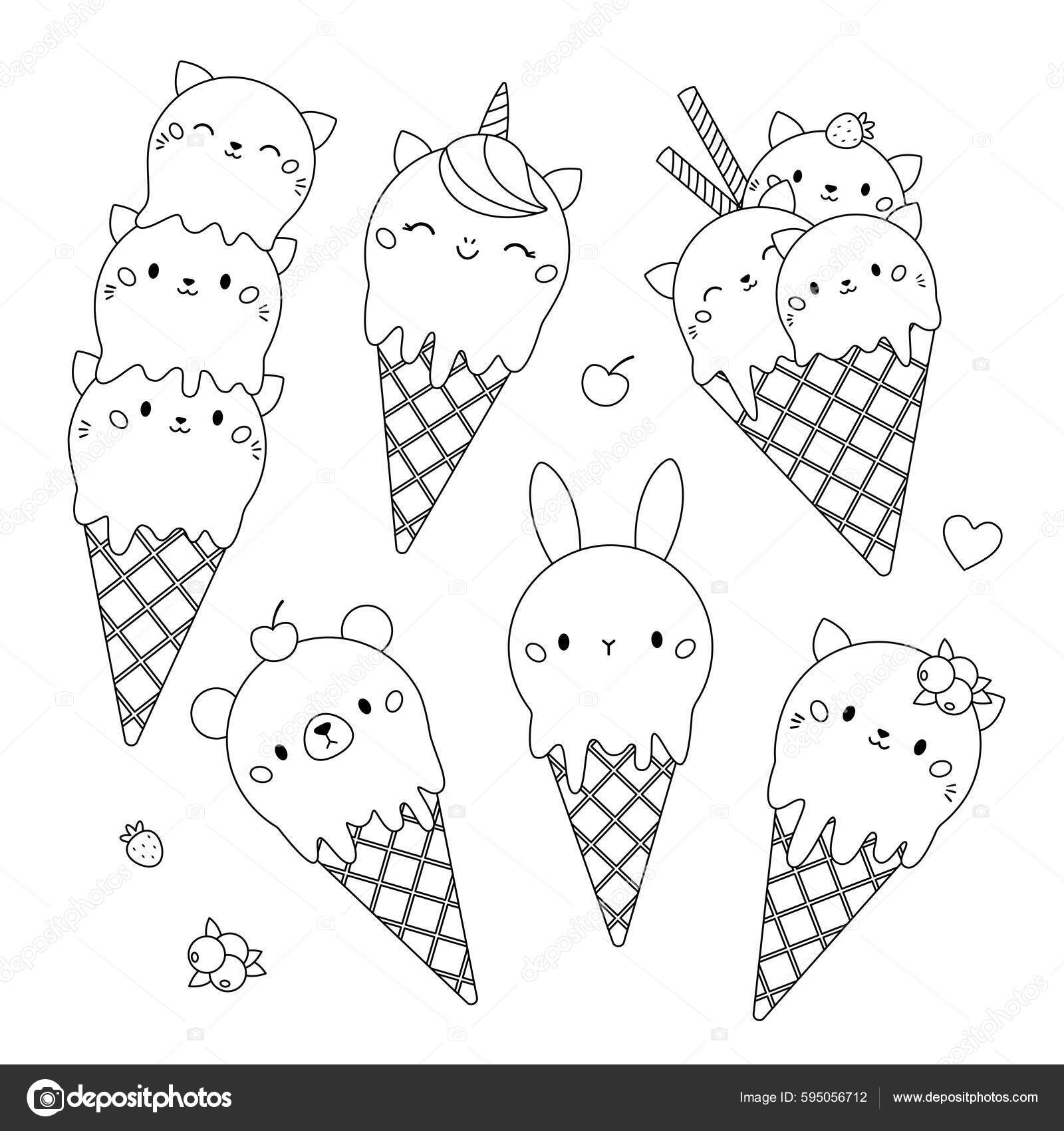 Kawaii coloring page cute ice cream waffle cone animal shaped stock vector by kristina