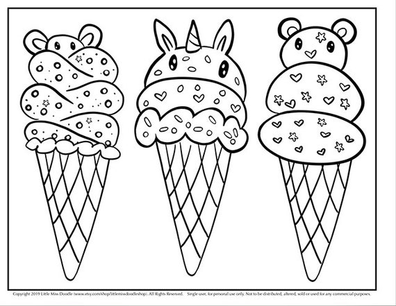 Ice cream trio doodle printable cute kawaii coloring page for kids and adults