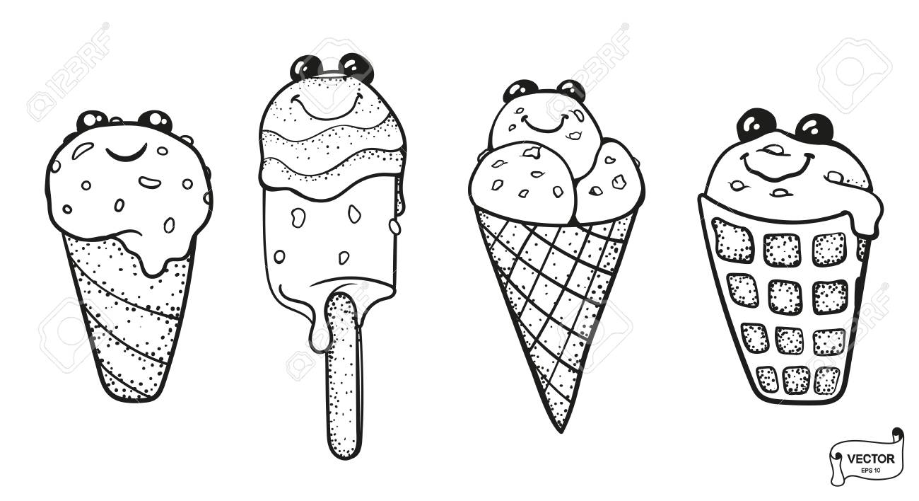 Vector image set of cute cartoon characters smiling kawaii ice cream coloring pages in a doodle style royalty free svg cliparts vectors and stock illustration image