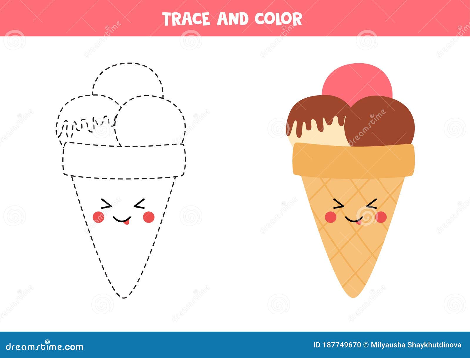 Trace and color cute kawaii ice cream coloring page for kids stock vector