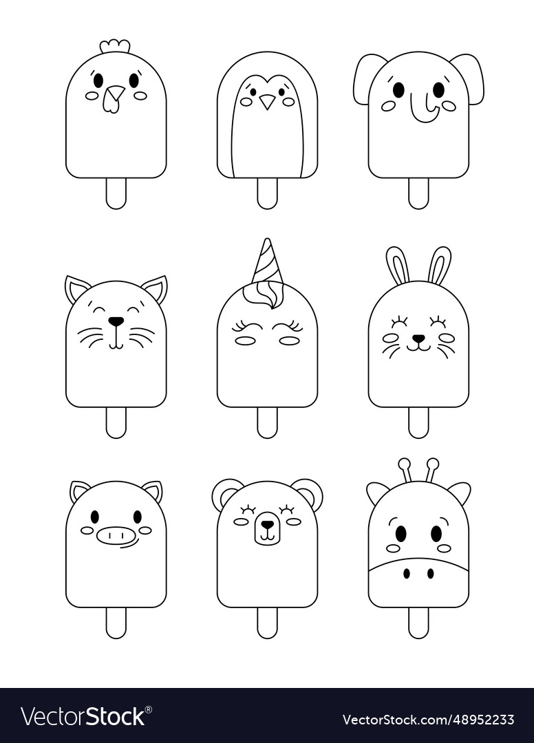 Cute ice cream with animal face coloring page vector image