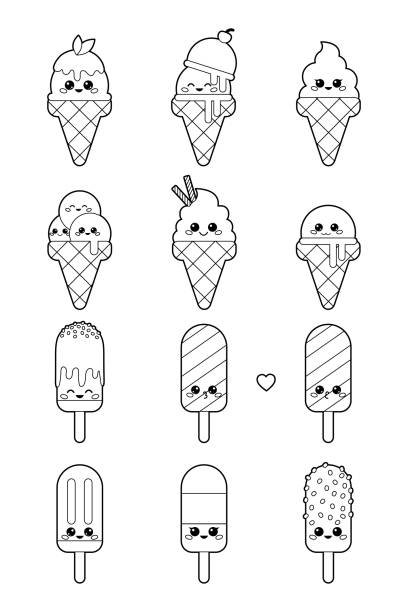 Set of cute kawaii ice cream with faces coloring page or book for children and adults stock illustration