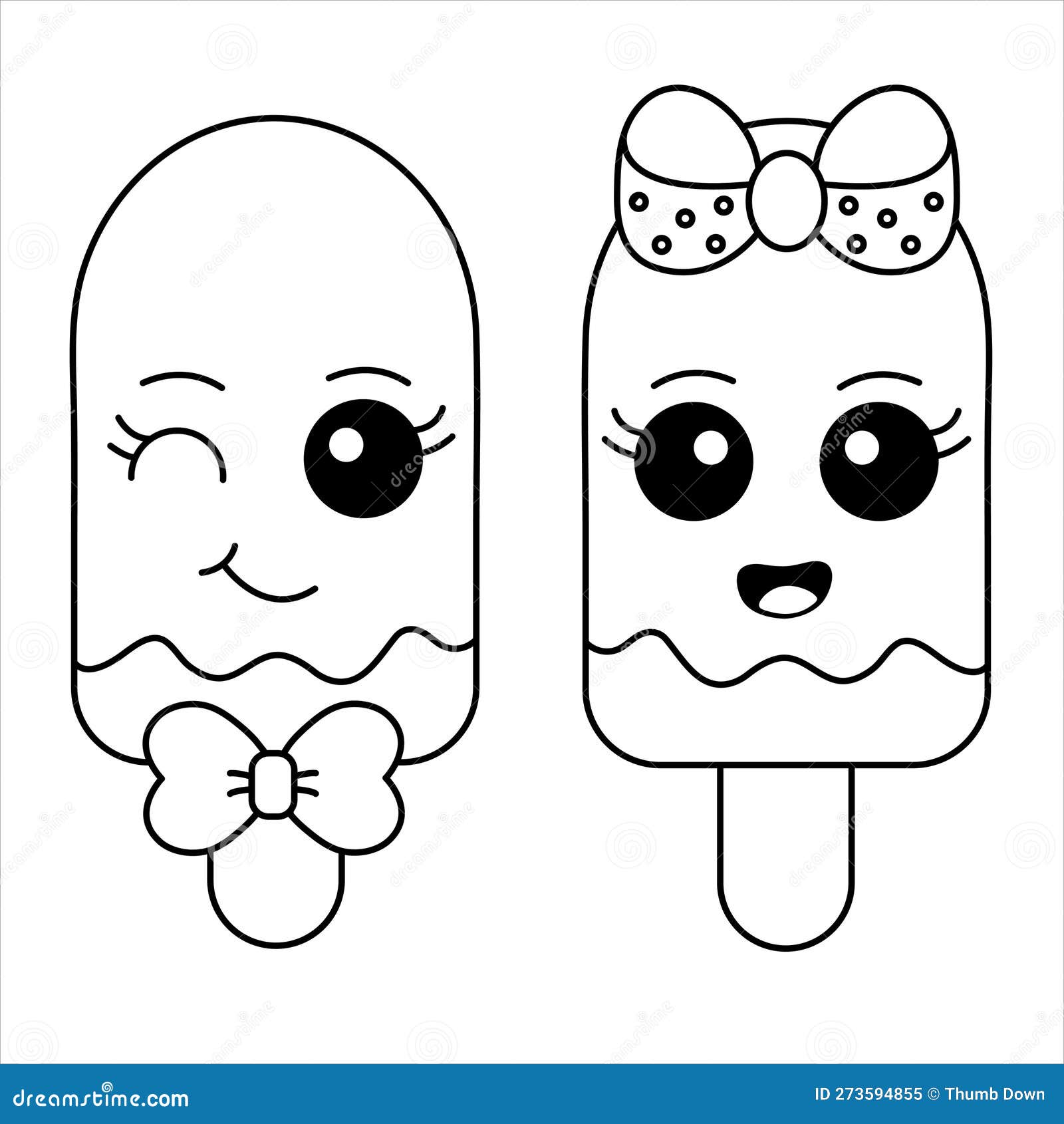 Cute ice cream couple coloring page kawaii ice cream with smiling face illustration stock vector