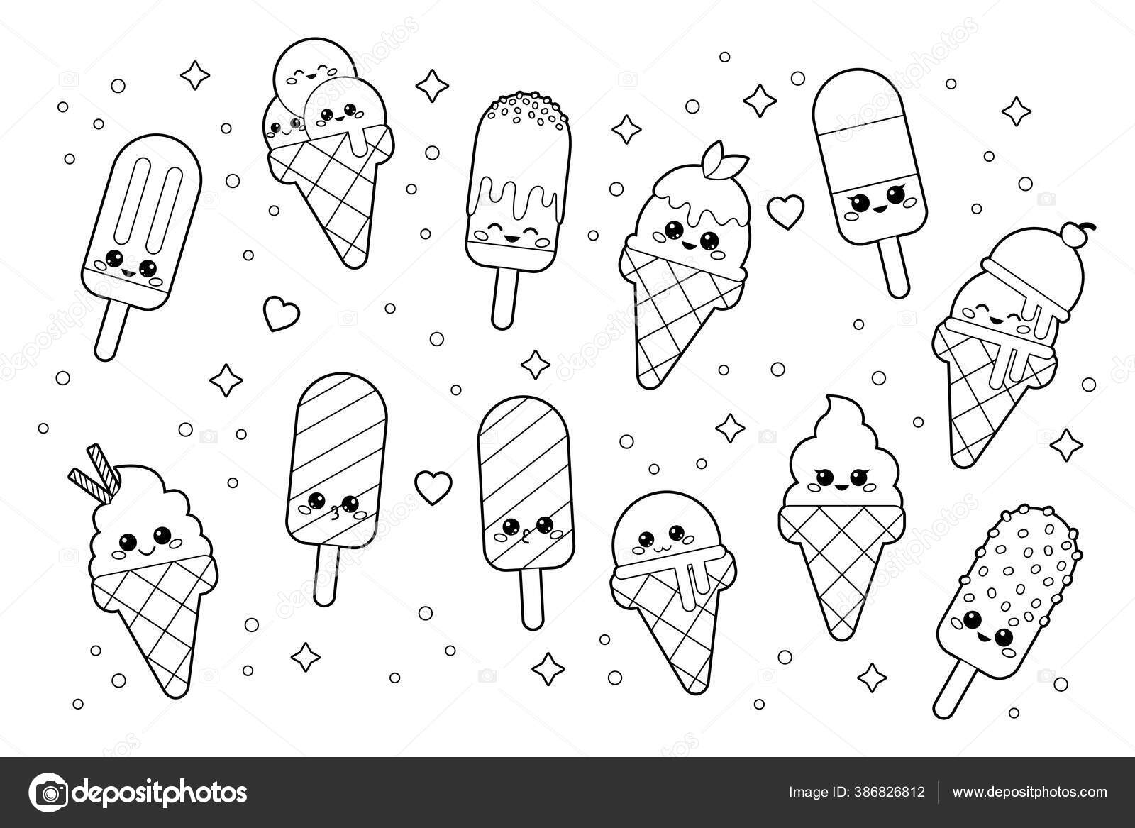 Cute kawaii set ice creams coloring page adults children cartoon stock vector by kristina