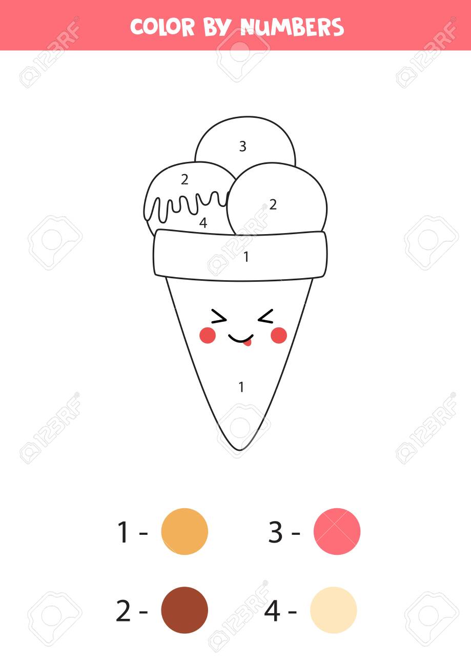 Color cute kawaii ice cream cone by numbers educational worksheet for kids coloring page for preschool children royalty free svg cliparts vectors and stock illustration image