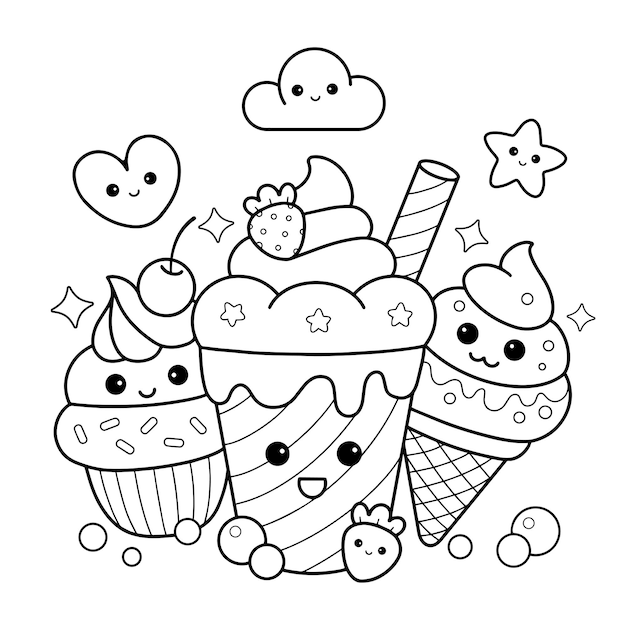 Premium vector cute dessert sweets food cupcake and ice cream drawing coloring page