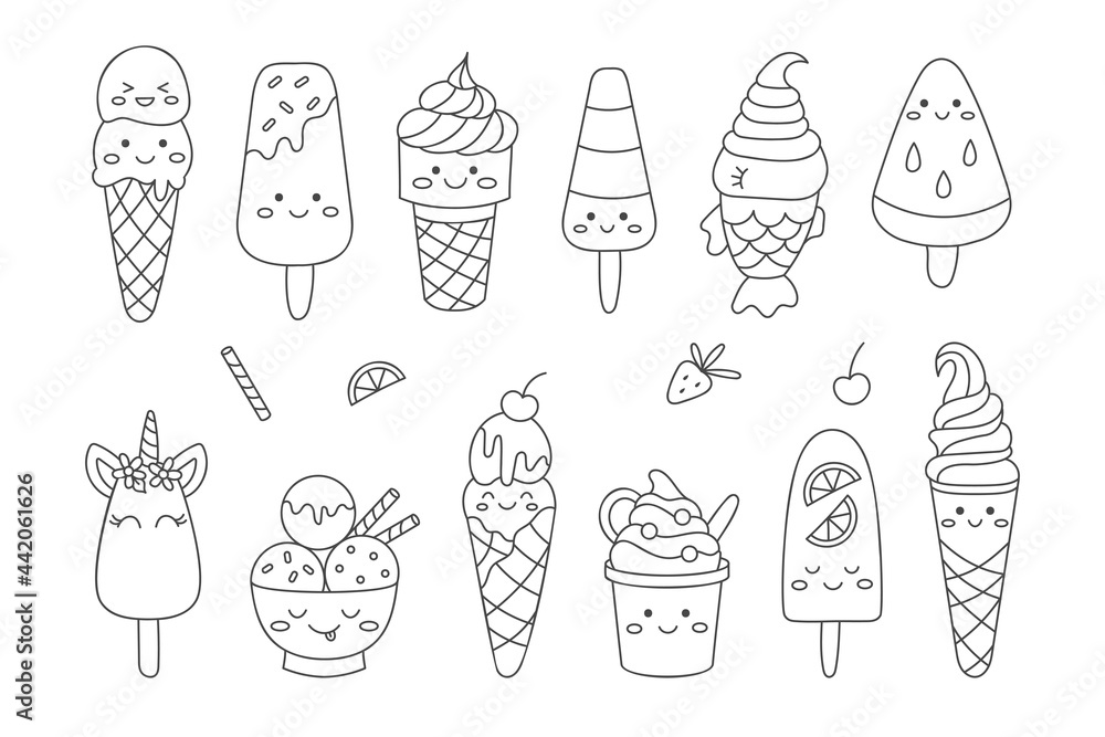 Doodle ice cream set perfect for cafe menu coloring pages birthday party decorations funny smile faces kawaii hand drawn style vector illustration vector