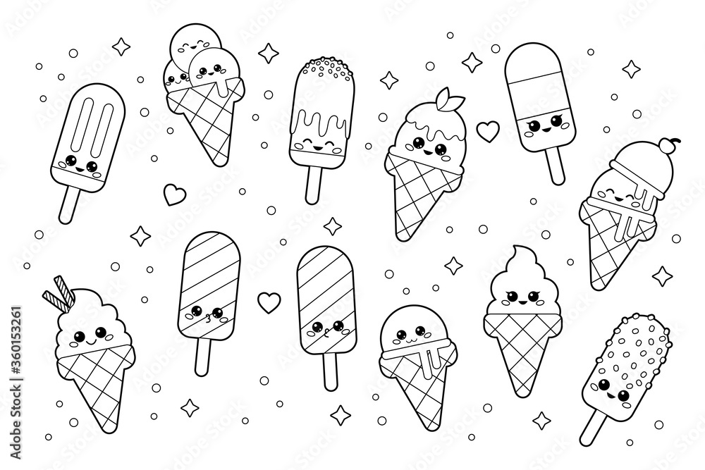 Cute kawaii set of ice creams coloring page for adults and children cartoon vector characters black and white illustration vector