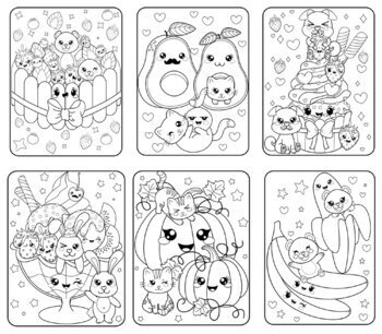 Kawaii japanese style cute characters animals and food theme coloring pages