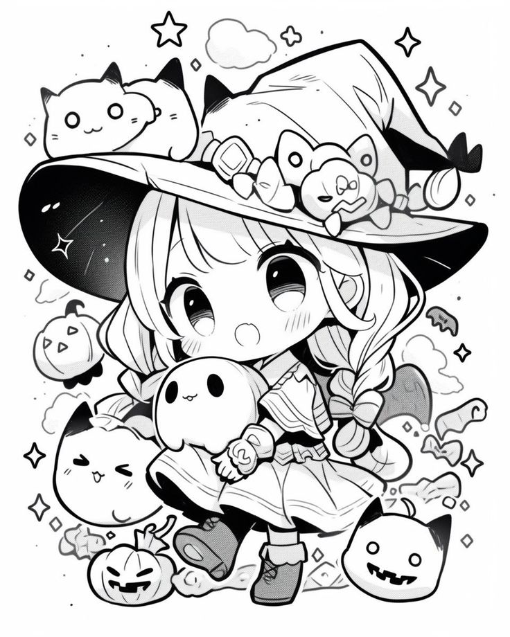 Kawaii coloring book japanese style drawing halloween digital