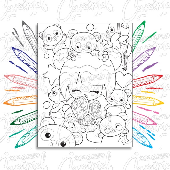 Kawaii coloring page digital download pdf with japanese kokeshi geisha doll and panda bears beautiful drawing illustration