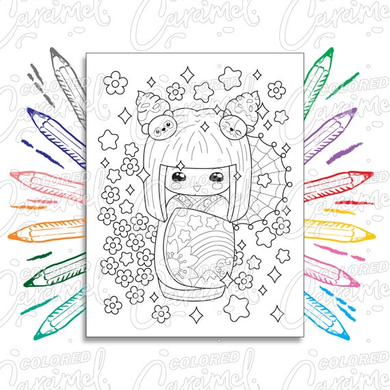 Kawaii coloring page digital download pdf with japanese kokeshi geisha doll panda cat and sakura cherry blossom flowers