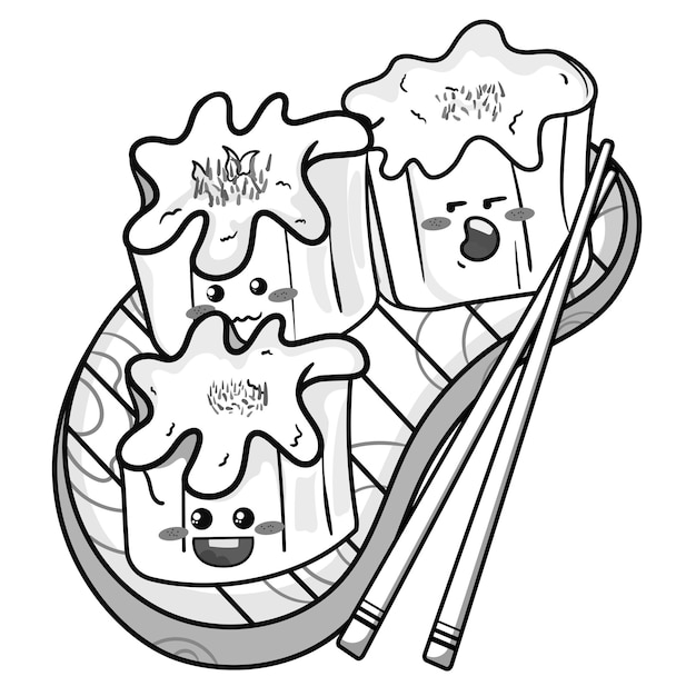 Premium vector cute sushi in kawaii japanese traditionaldishes black and white outline for coloring pages