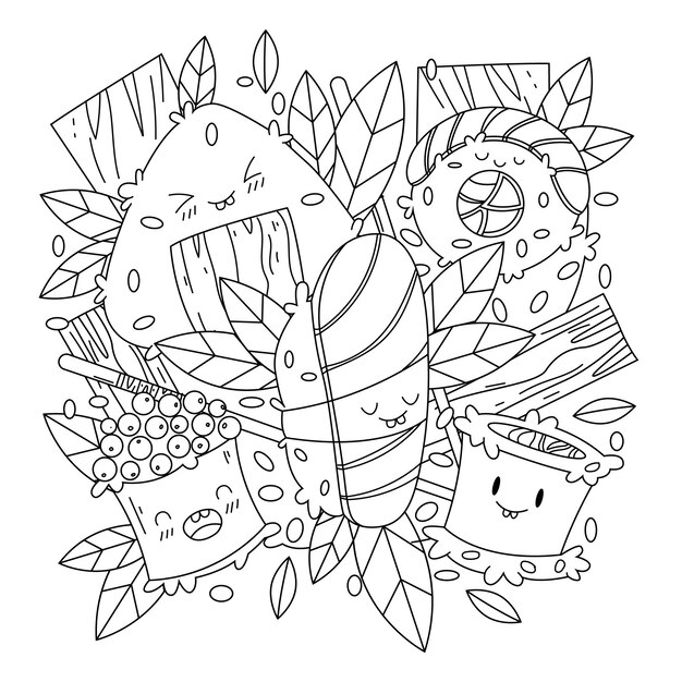 Premium vector cute sushi and rolls in kawaii japanese traditional cuisine dishes black and white outline for coloring pages