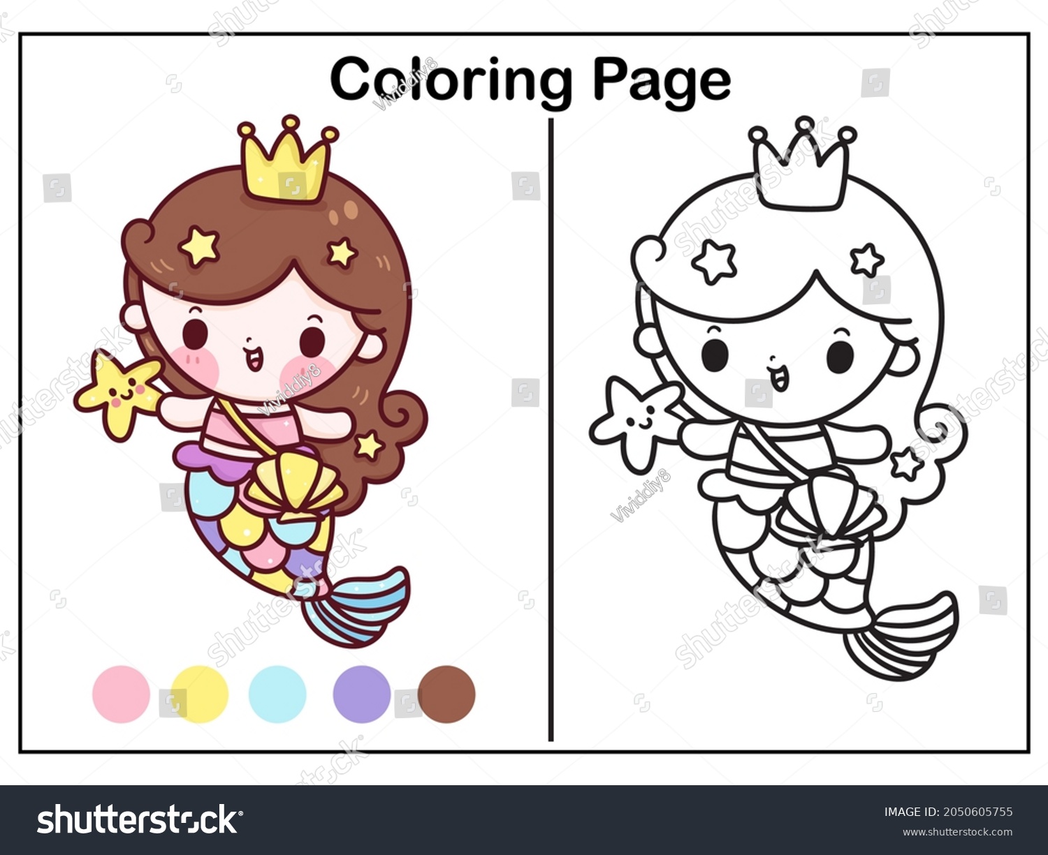 Drawing mermaid coloring page cartoon little stock vector royalty free