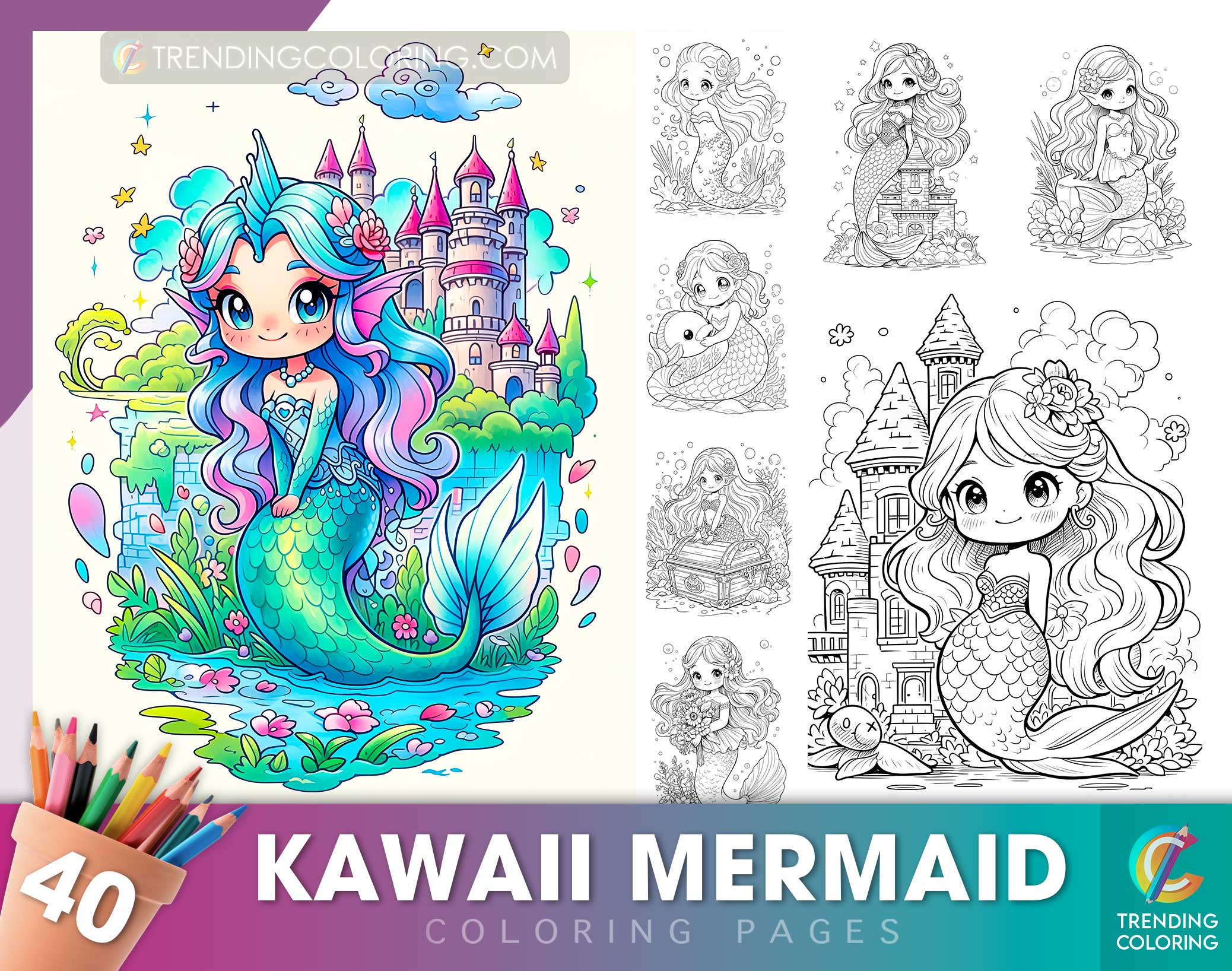 Kawaii mermaid coloring pages