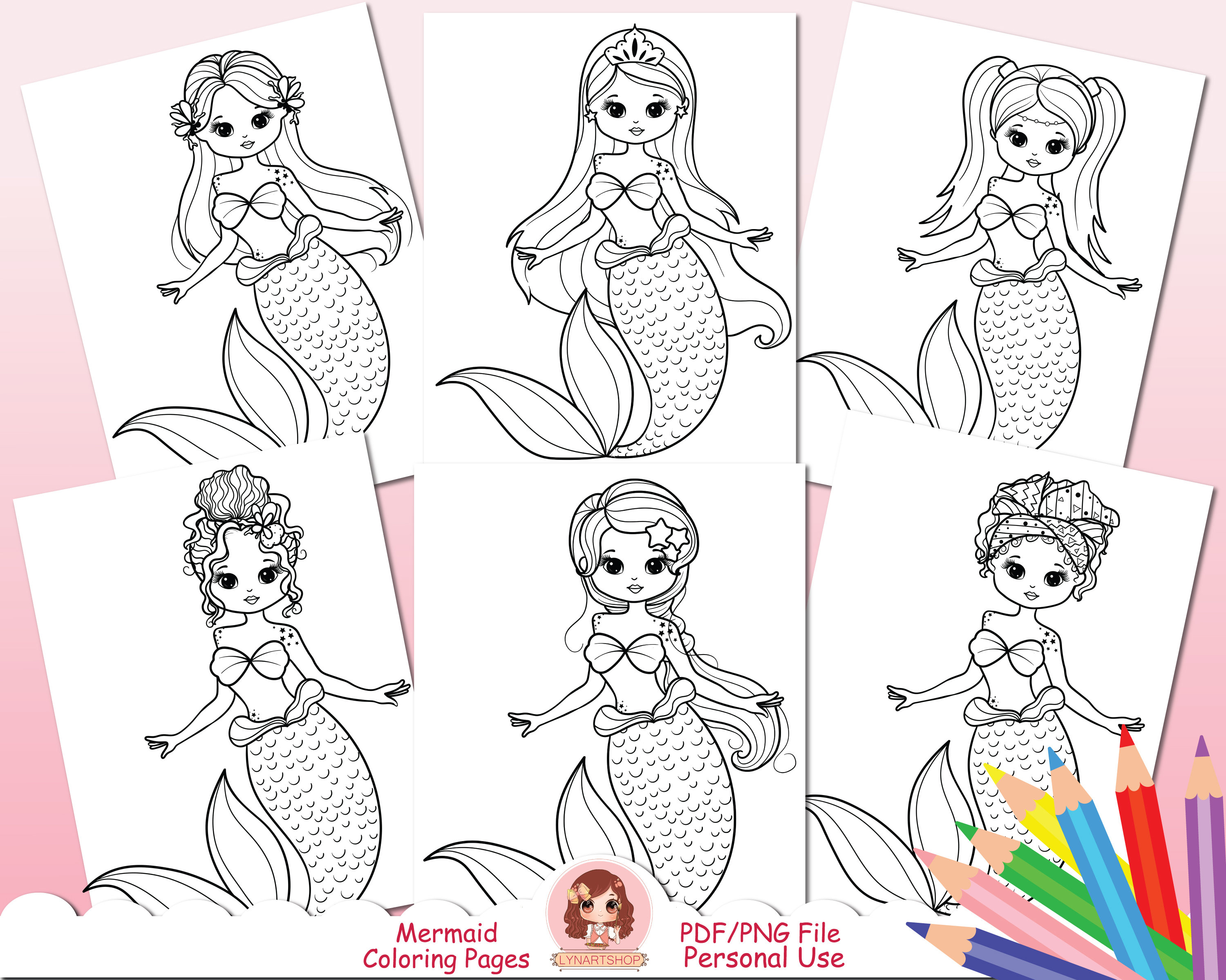 Cute mermaid coloring pages for kids mermaids digital stamp black and white under water under the sea coloring book for kids pdf