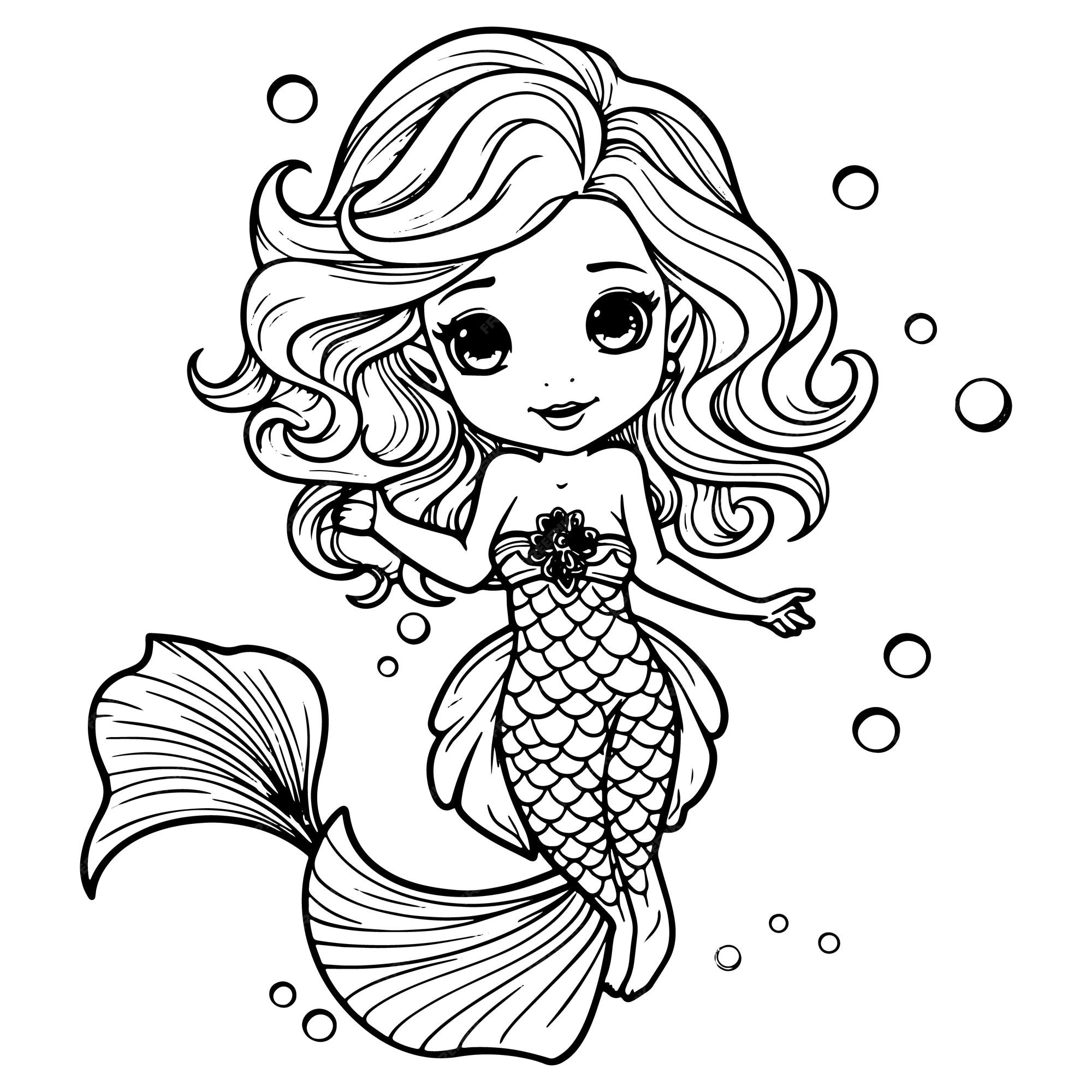 Premium vector coloring book illustration mermaid kawaii coloring page vector illustration