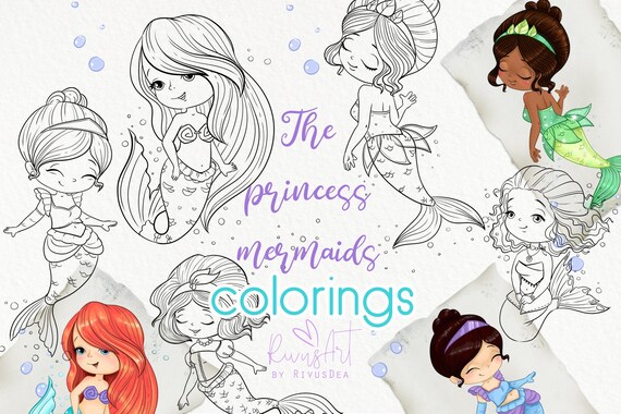 Cute mermaids coloring pages pack princesses fairytale girl birthday decor diy digital mermaid clip art instant download mercial