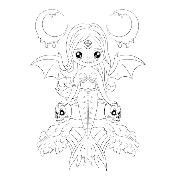 Premium vector creepy kawaii pastel goth mermaid coloring page