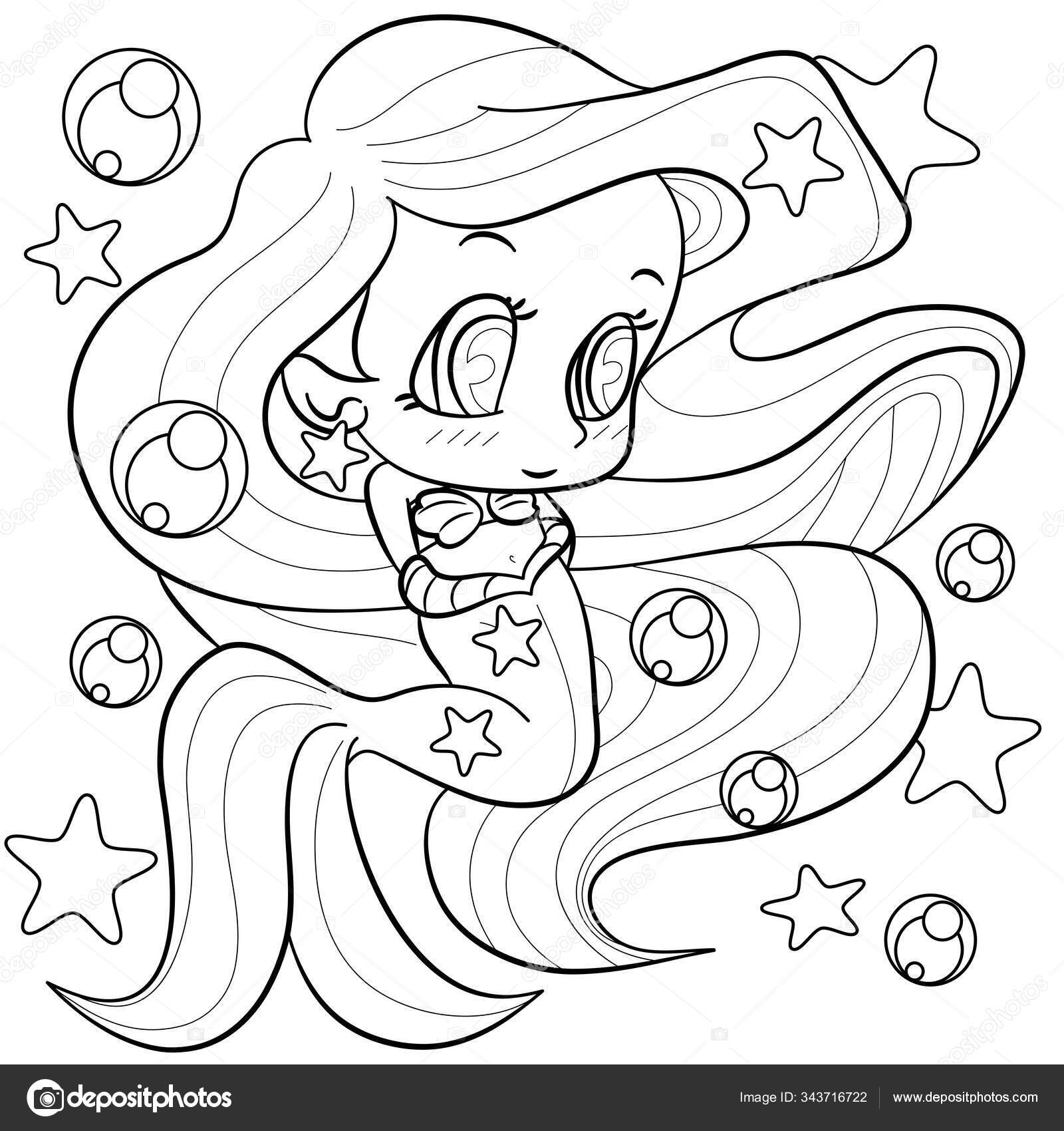 Cute cartoon little mermaid coloring page under water in the sea stock vector by phoo