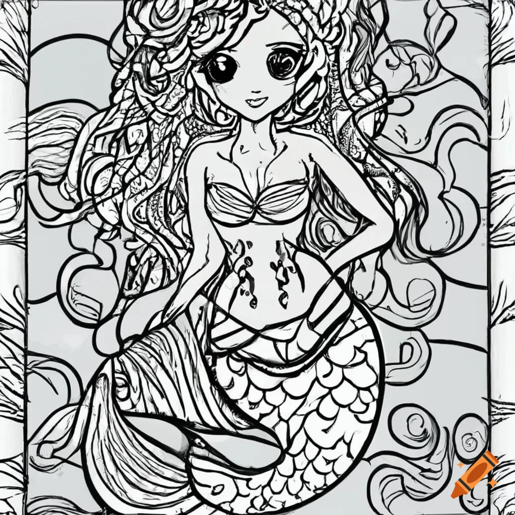 Coloring page black and white cute mermaid on