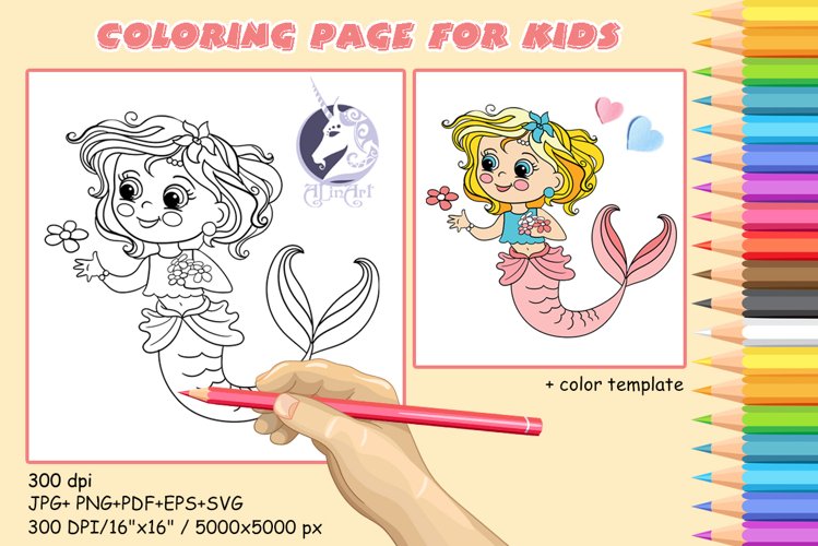 Cute mermaid coloring page for kids