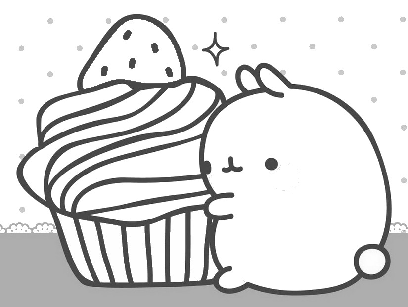 Coloring page molang molang is carrying a cake