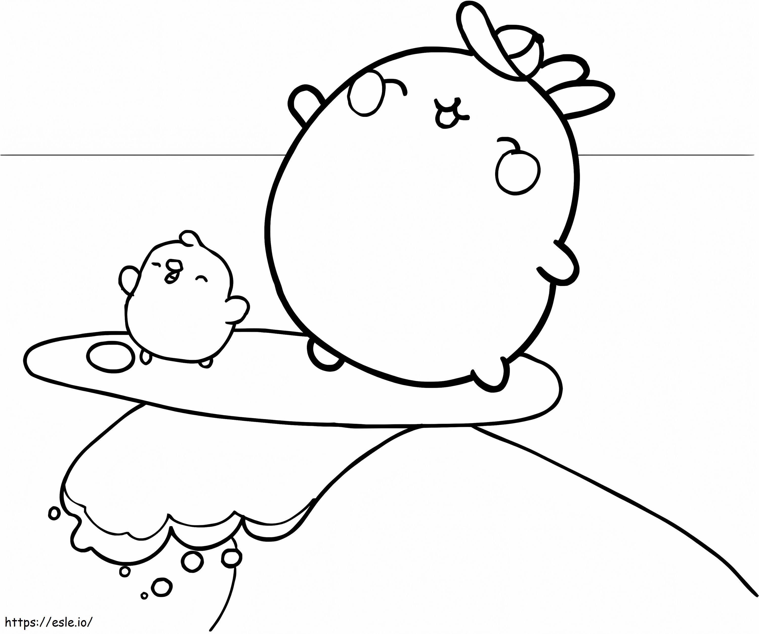 Molang on surfboard coloring page