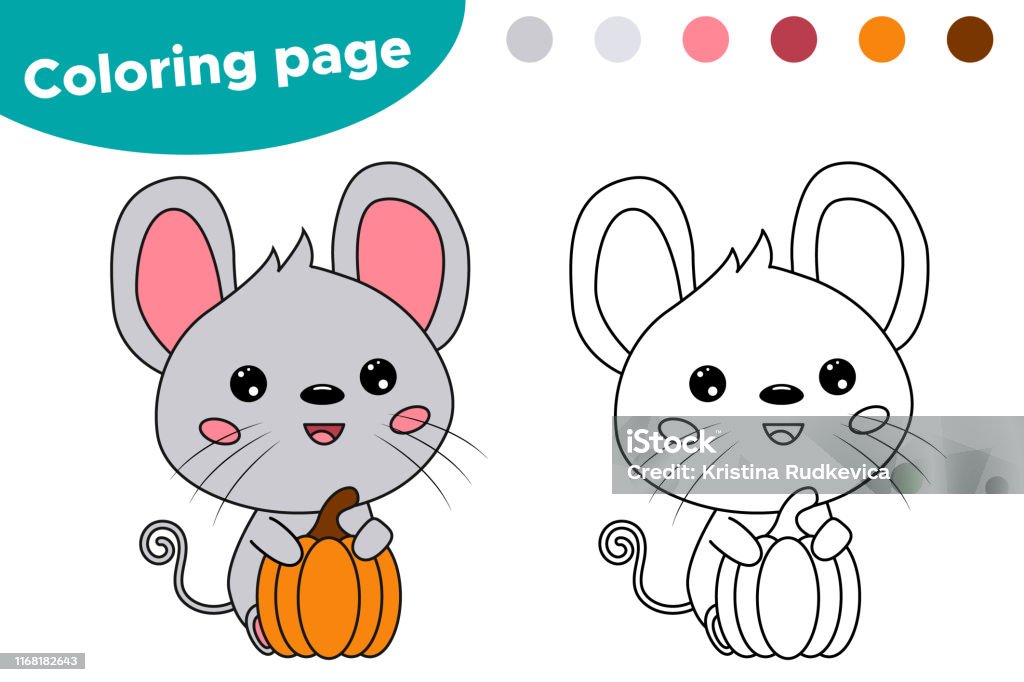 Coloring page for children cute kawaii mouse with pumpkin stock illustration