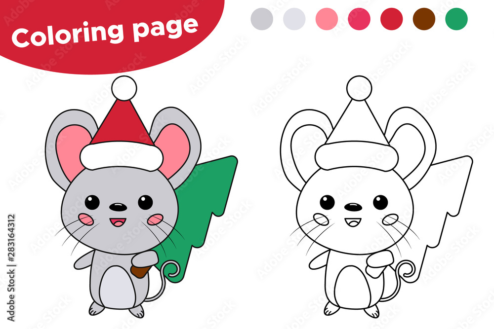 Coloring page for kids cute kawaii mouse with christmas tree new year symbol