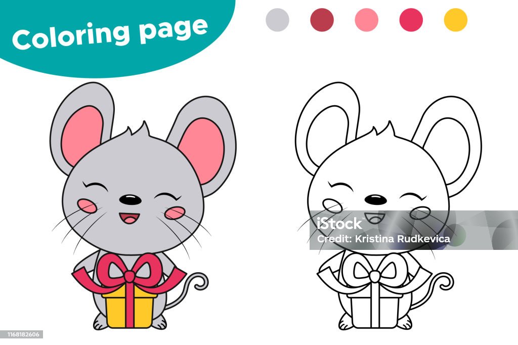 Educational coloring page for kids cute cartoon kawaii mouse with gift stock illustration