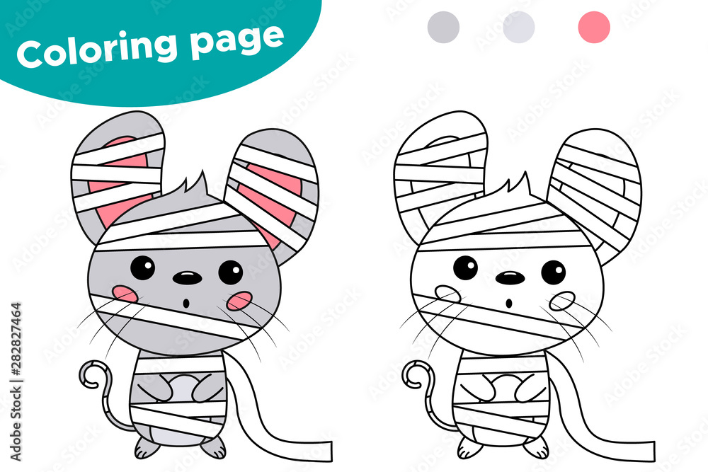 Halloween coloring page for kids cute kawaii mouse dressed up in costume mummy vector cartoon character educational game vector