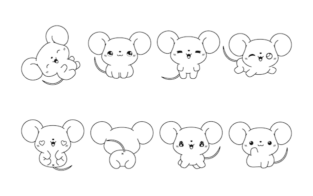 Premium vector set of kawaii isolated baby rat coloring page collection of cute vector cartoon mice outline for