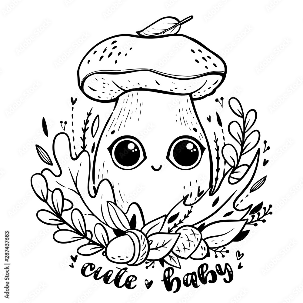 Coloring page with cartoon forest mushroom with forest leaves acorn branches with lettering cute baby boletus in kawaii style with open eyes kawaii coloring book for adults and children illustration