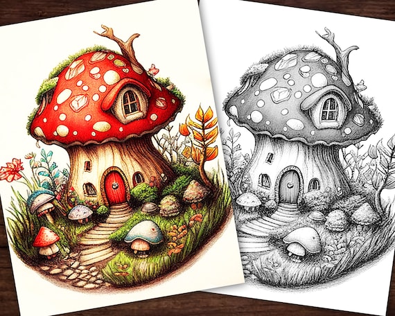 Cute mushroom house coloring page adults kids instant download grayscale coloring page printable pdf mushrooms fantasy houses cute