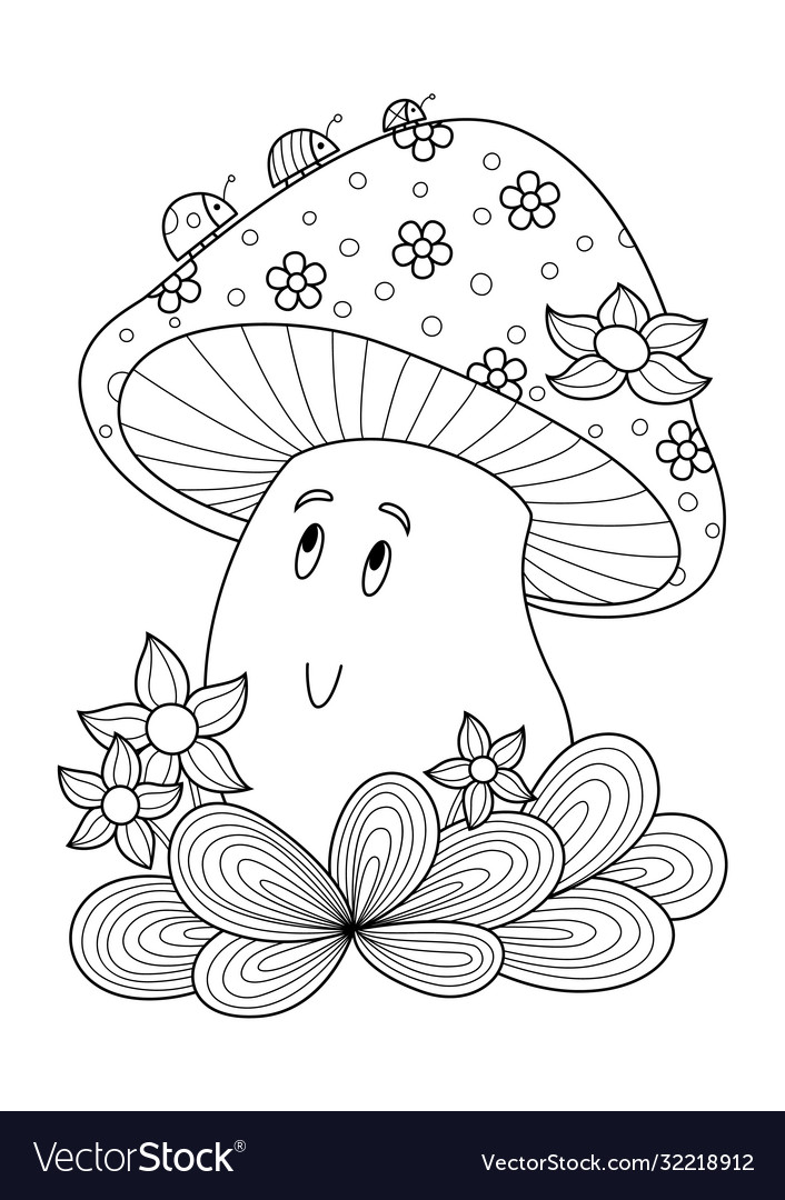 Cute mushroom doodle coloring book page royalty free vector