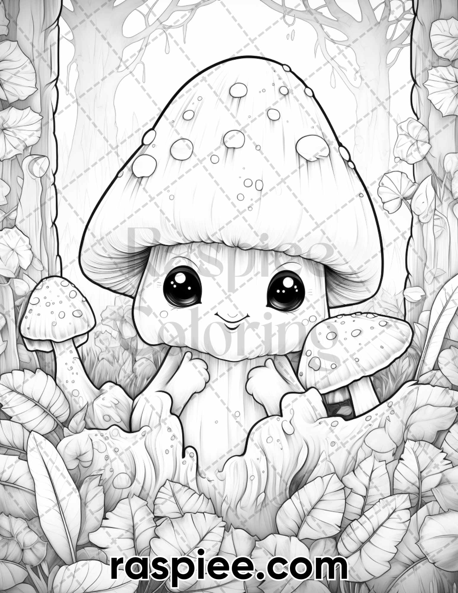 Kawaii mushrooms grayscale coloring pages for adults printable pdf â coloring