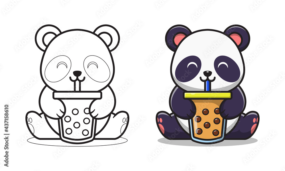 Cute panda drinking bubble tea cartoon coloring pages for kids vector