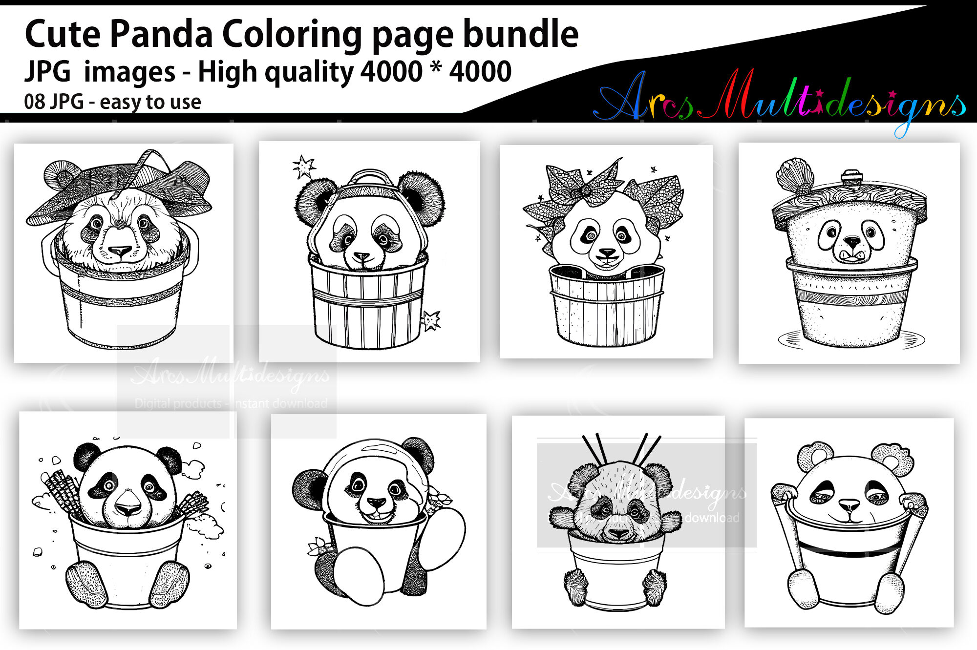 Cute panda coloring page bundle by arcsmultidesignsshop