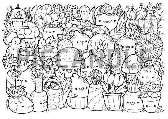 Plants doodle coloring page printable cutekawaii coloring