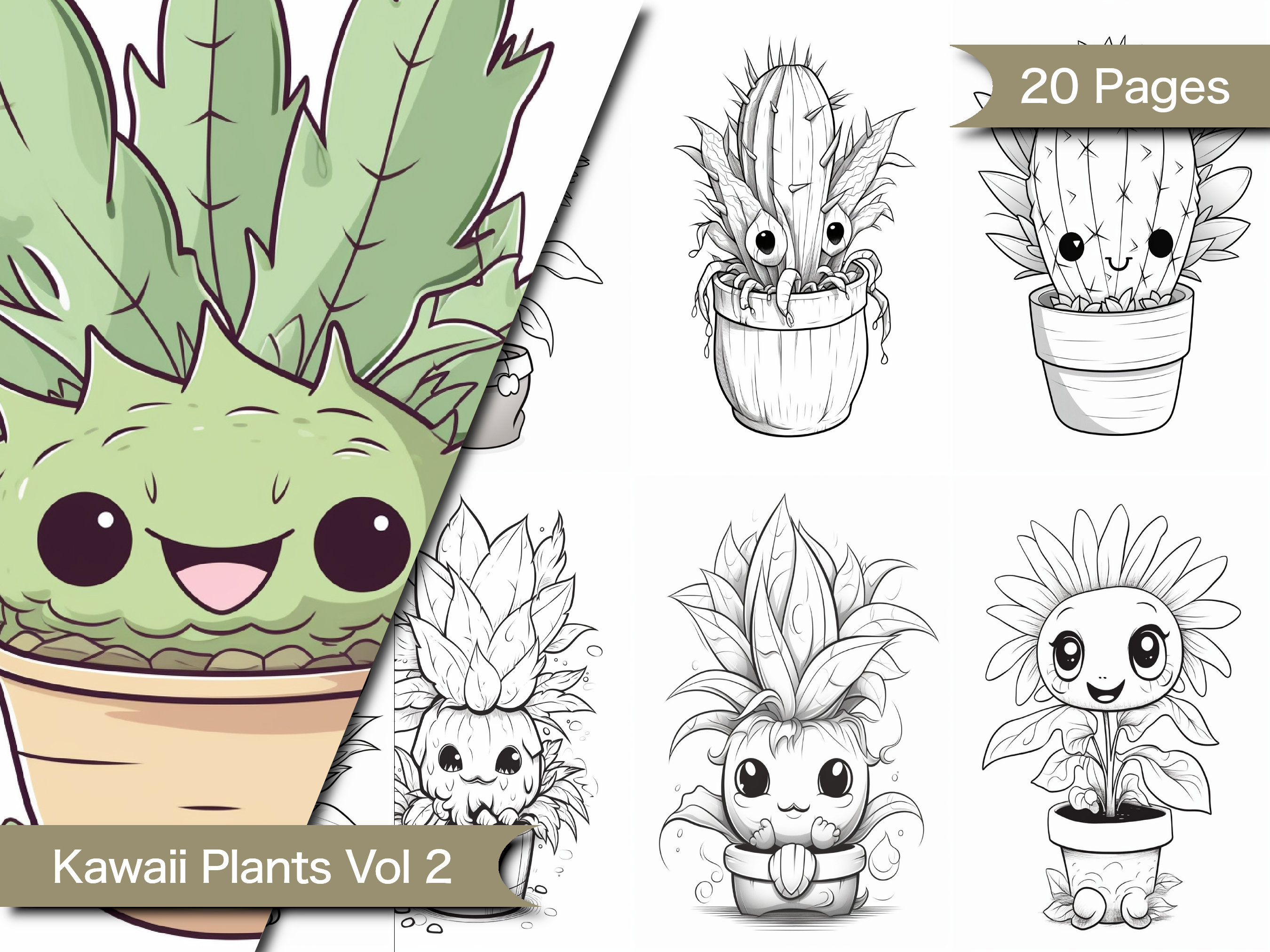 Kawaii plant coloring printable pages featuring fun chibi characters kawaii pdf cute kawaii coloring digital download