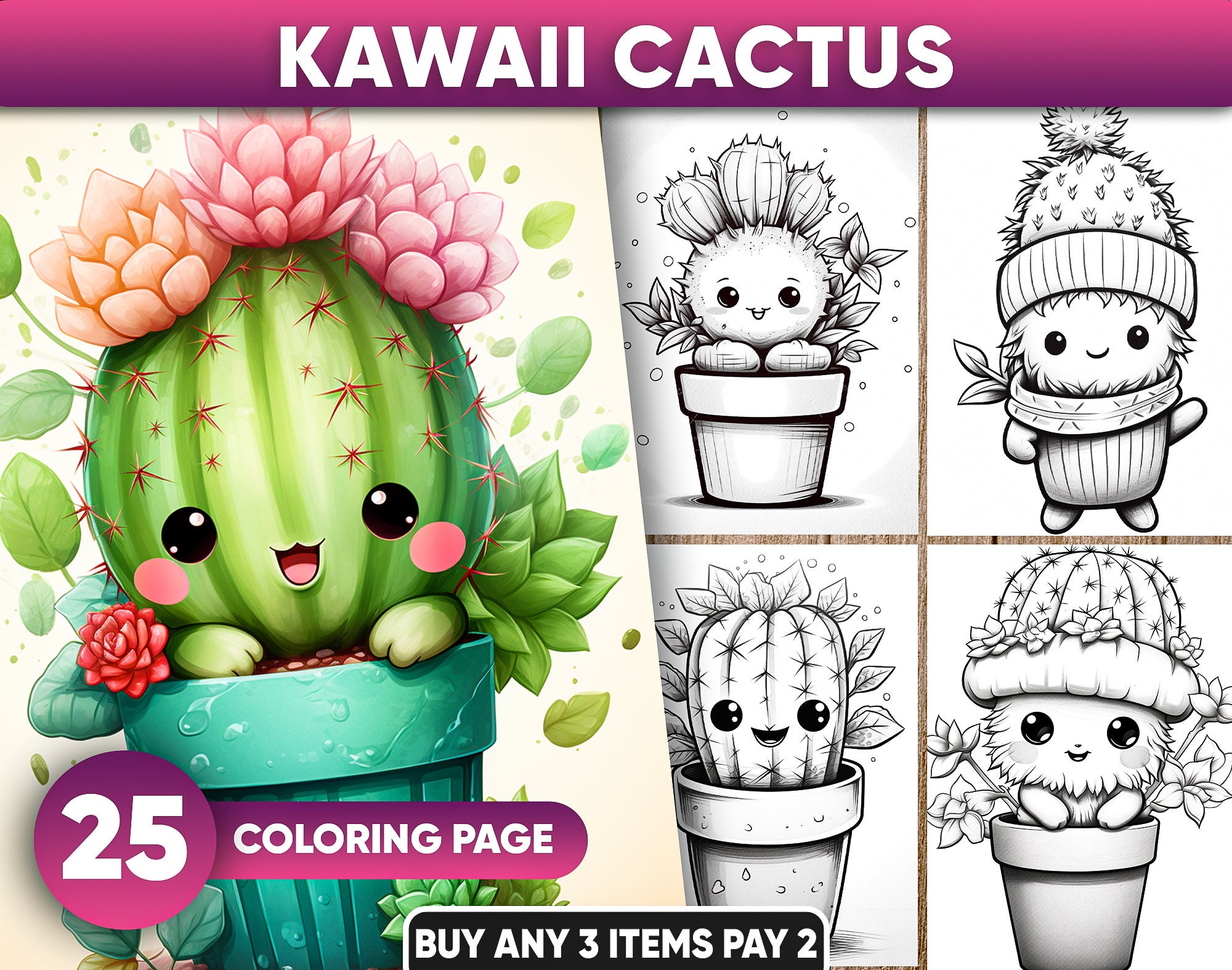 Kawaii cactus coloring pages adults kids