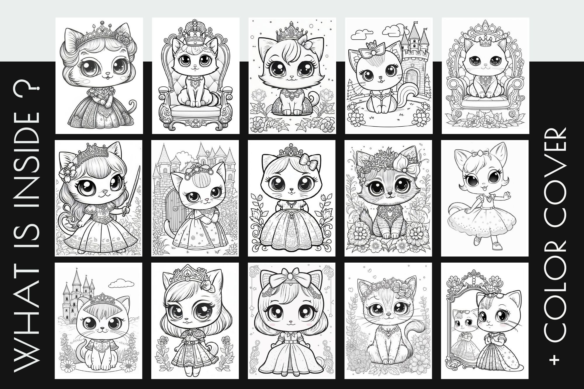 Cat princess coloring page bundle kawaii coloring pages by orange brush studio