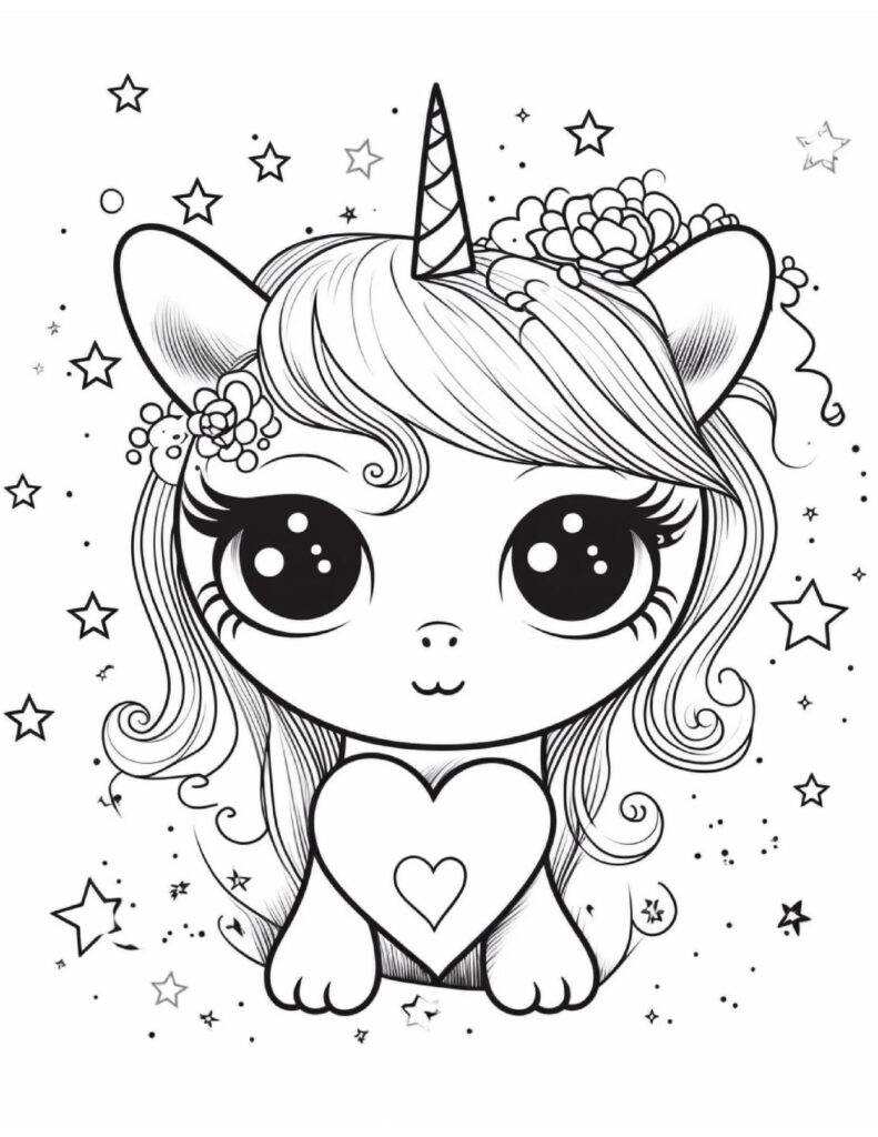 Free printable cute kawaii unicorn coloring pages