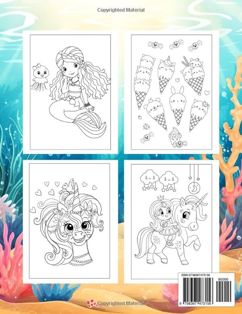 Mermaid unicorn and princess sweet kawaii coloring book for kids age